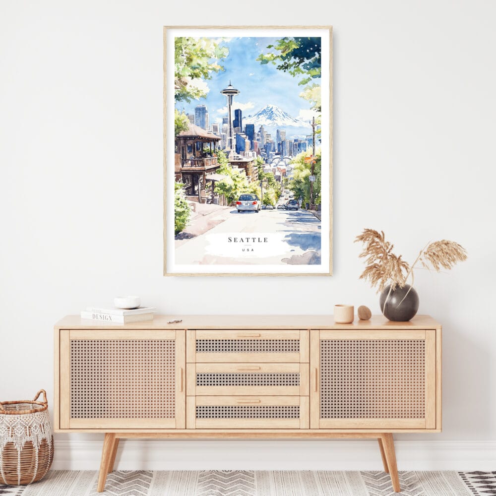 Seattle Space Needle Watercolor Art Print - Shelf - Portrait Seattle Space Needle Watercolor Art Print - Shelf - Portrait