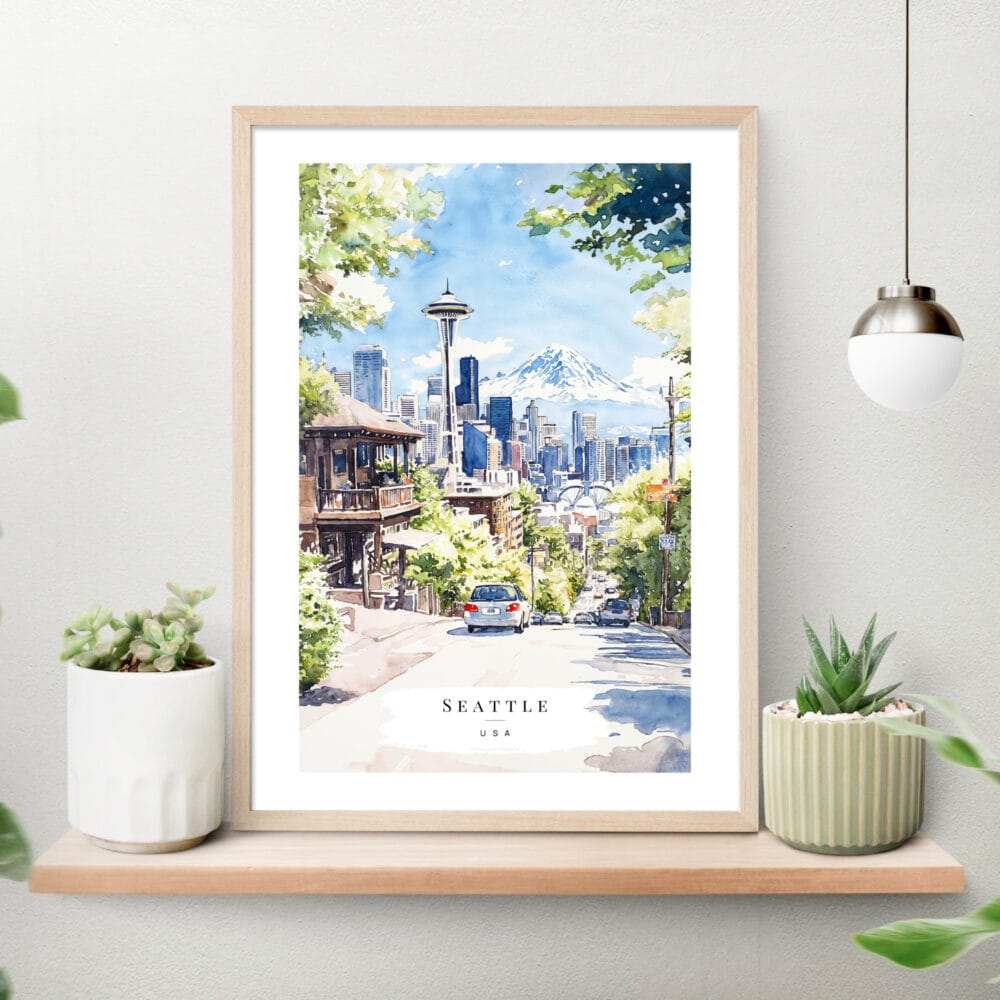 Seattle Space Needle Watercolor Art Print on shelf Seattle Space Needle Watercolor Art Print on shelf