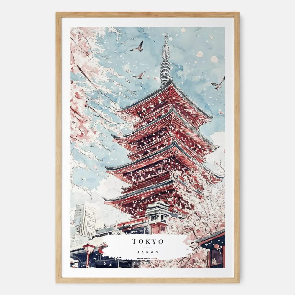 Tokyo Japan Pagoda and Cherry blossom Watercolor Art Print - Main - Wood Frame Tokyo Japan Pagoda and Cherry blossom Watercolor Art Print - Main - Wood Frame