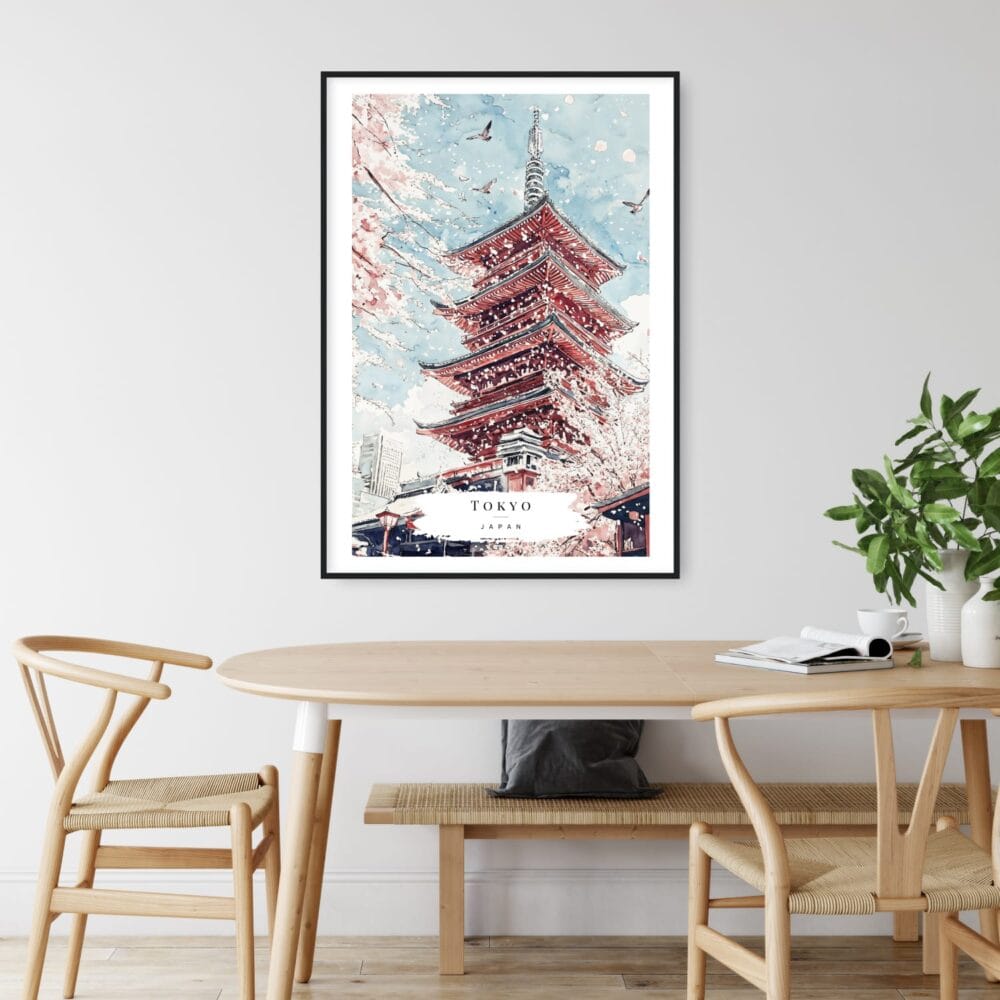 Tokyo Japan Pagoda and Cherry blossom Watercolor Art Print - Shelf - Portrait Tokyo Japan Pagoda and Cherry blossom Watercolor Art Print - Shelf - Portrait