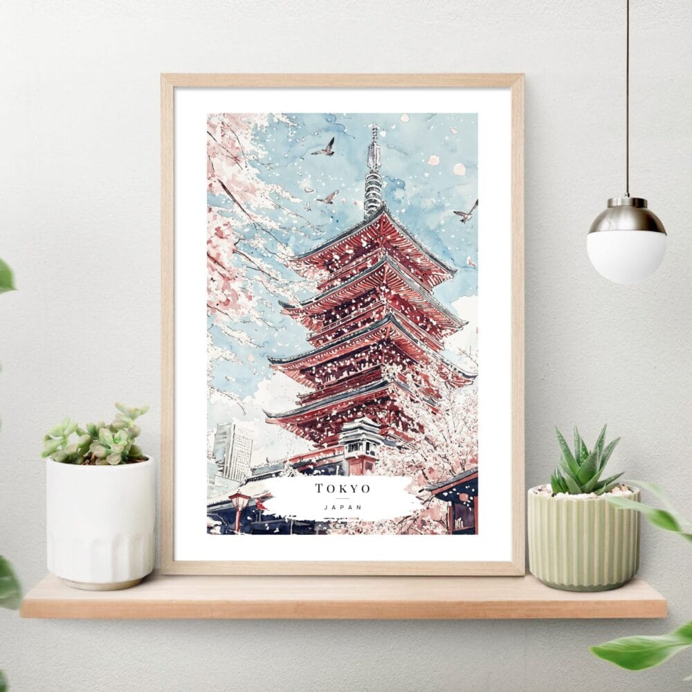 Tokyo Japan Pagoda and Cherry blossom Watercolor Art Print on shelf Tokyo Japan Pagoda and Cherry blossom Watercolor Art Print on shelf