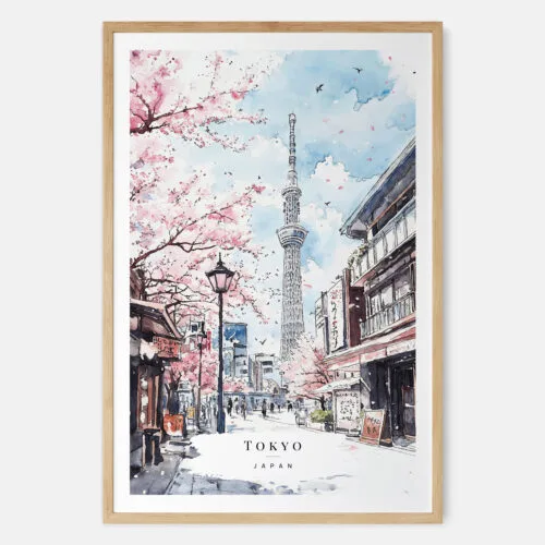 Tokyo City Poster With Tokyo Skytree And Cherry Blossom Watercolor