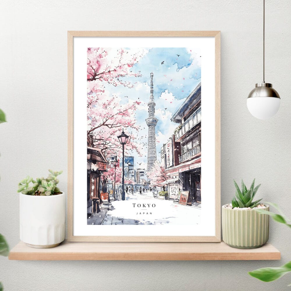 Tokyo Skytree Watercolor Art Print on shelf Tokyo Skytree Watercolor Art Print on shelf