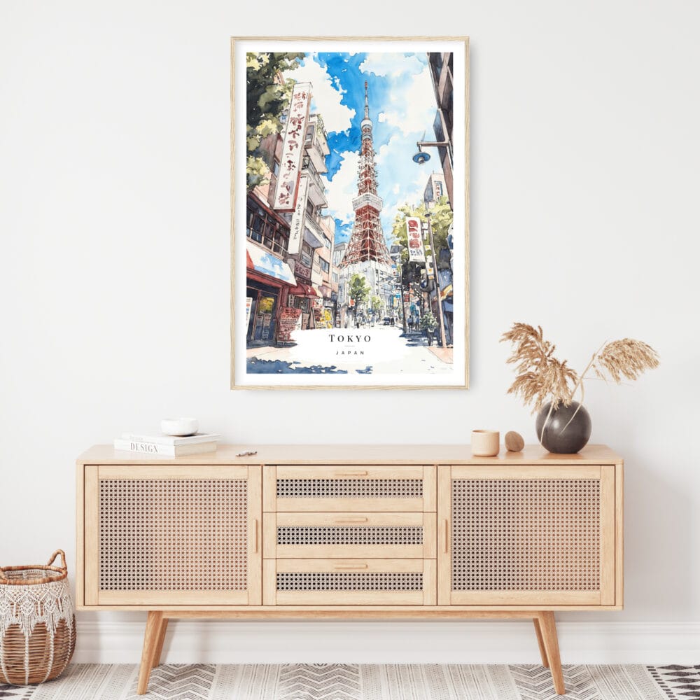 Tokyo Watercolor Art Print with Tokyo Tower Art Print - Shelf - Portrait Tokyo Watercolor Art Print with Tokyo Tower Art Print - Shelf - Portrait