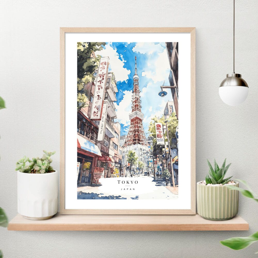 Tokyo Watercolor Art Print with Tokyo Tower Art Print on shelf Tokyo Watercolor Art Print with Tokyo Tower Art Print on shelf