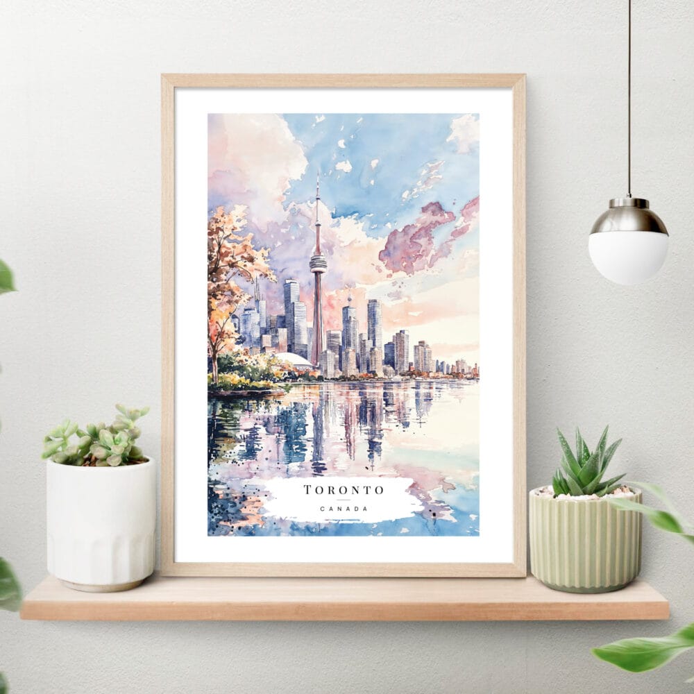 Toronto Canada Watercolor Painting Art Print on shelf Toronto Canada Watercolor Painting Art Print on shelf