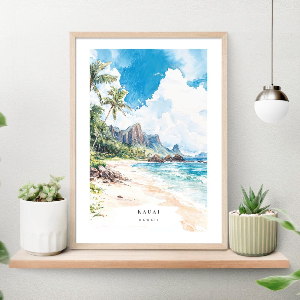 Tropical Kauai Watercolor Art Print on shelf Tropical Kauai Watercolor Art Print on shelf