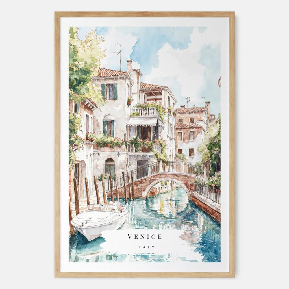 Venice Canal Watercolor Art Print - Main - Wood Frame Venice Canal Watercolor Art Print - Main - Wood Frame