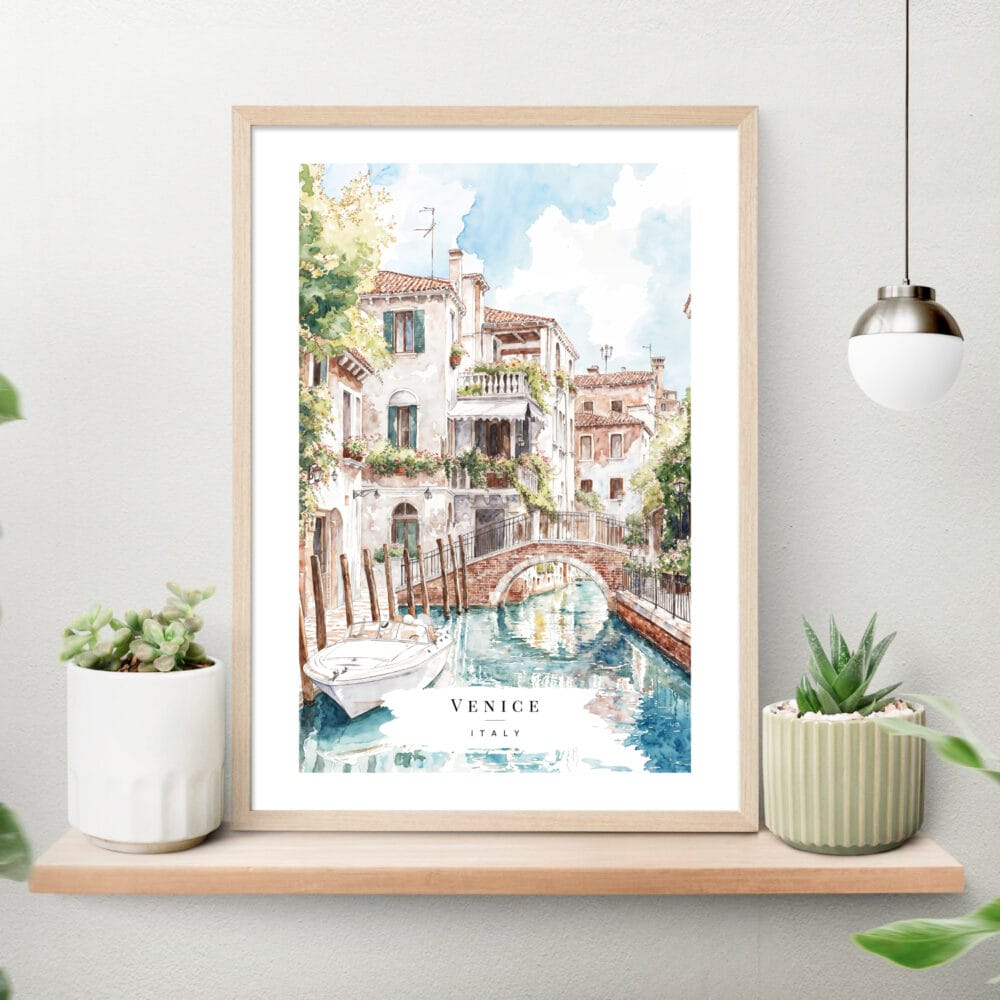Venice Canal Watercolor Art Print on shelf Venice Canal Watercolor Art Print on shelf
