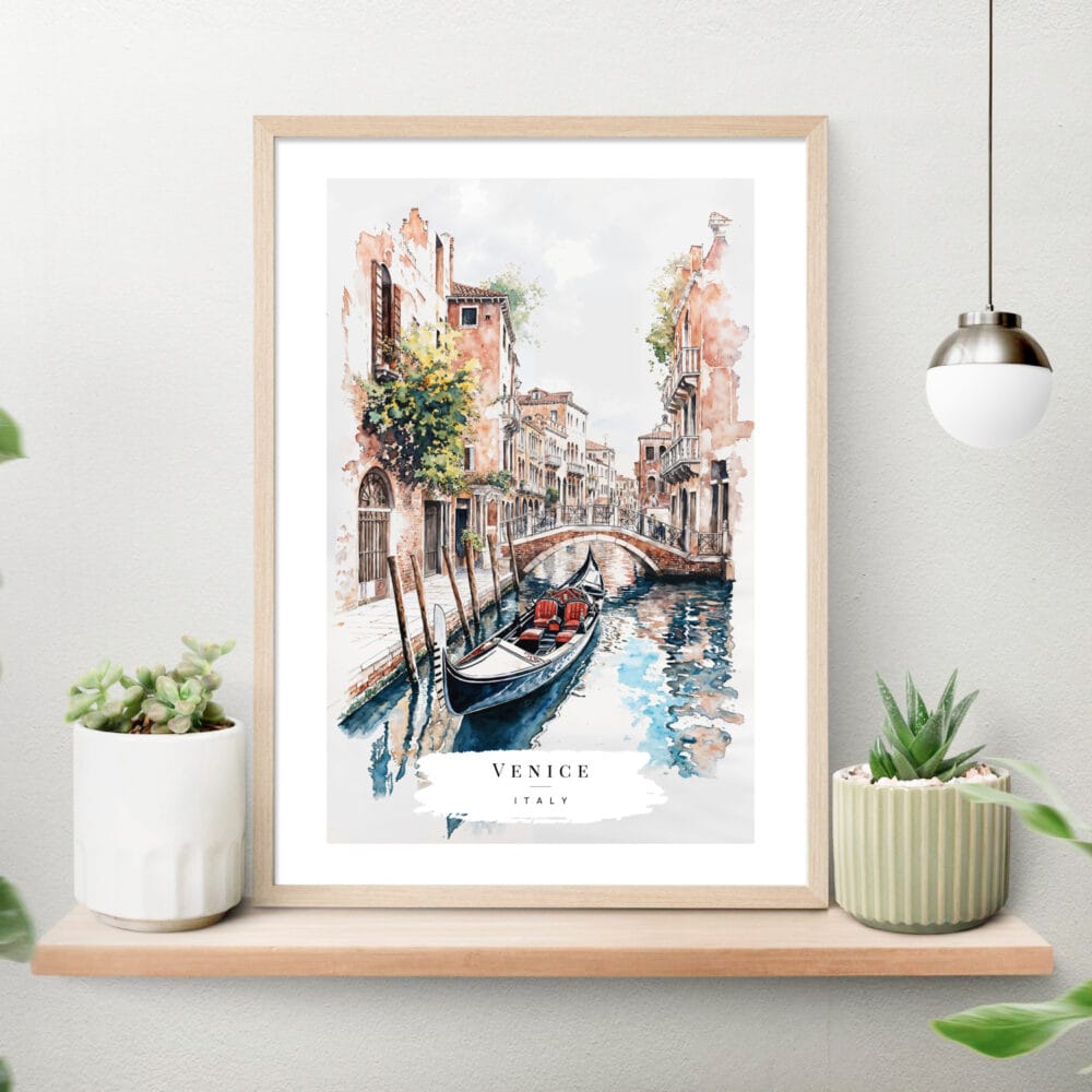 Venice Gondola Watercolor Painting Art Print on shelf Venice Gondola Watercolor Painting Art Print on shelf