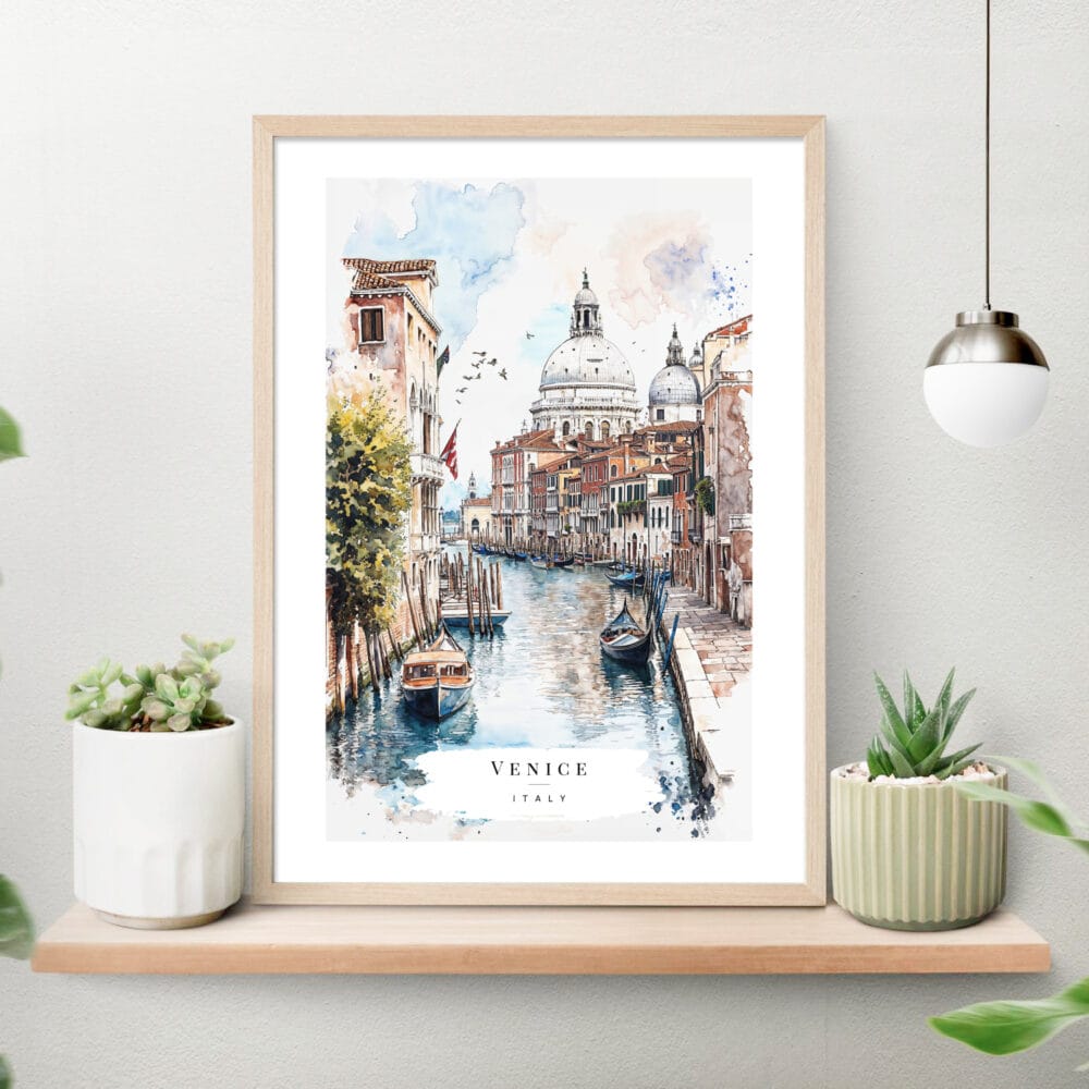 Venice Italy Watercolor Art Print on shelf Venice Italy Watercolor Art Print on shelf
