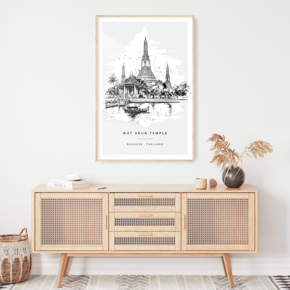 Wat Arun Line Drawing Art Print - Shelf - Portrait Wat Arun Line Drawing Art Print - Shelf - Portrait