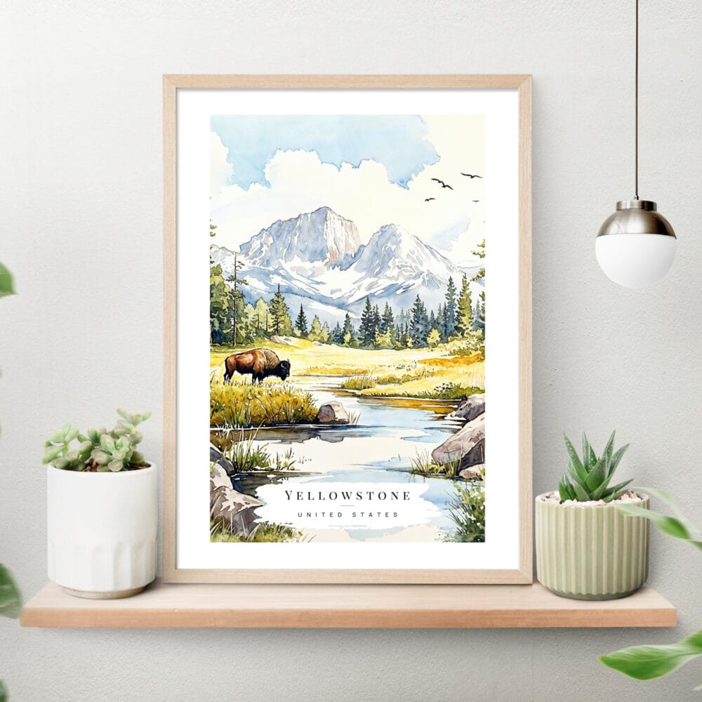 Yellowstone Bison Watercolor Art Print on shelf Yellowstone Bison Watercolor Art Print on shelf