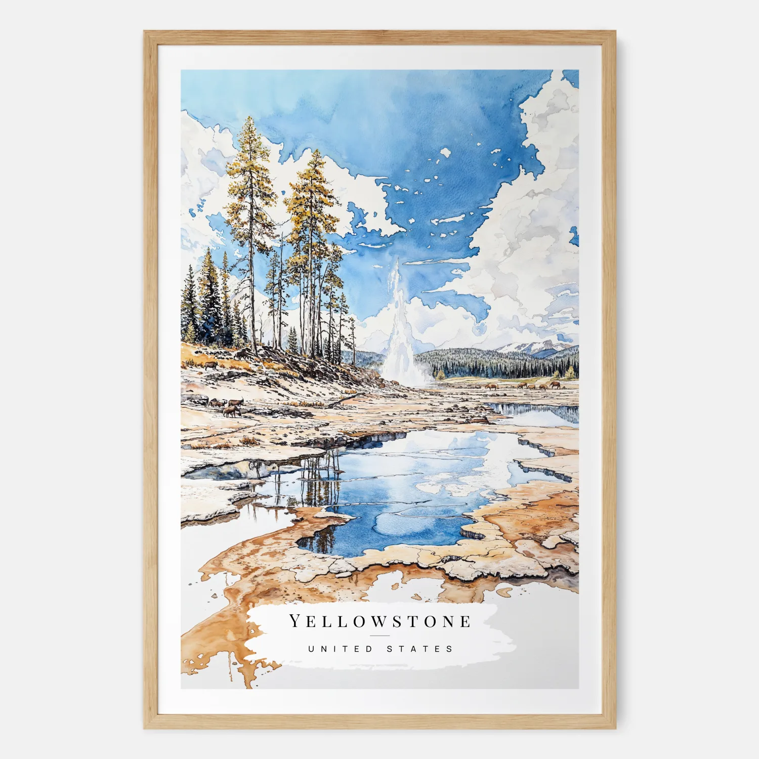 Yellowstone National Park Watercolor Print - Old Faithful Geyser Landscape Art Print