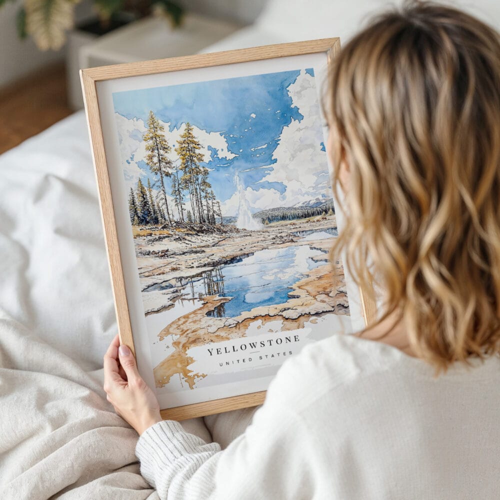 Yellowstone Geyser Watercolor Wall Art - Woman Holding - Portrait Yellowstone Geyser Watercolor Wall Art - Woman Holding - Portrait