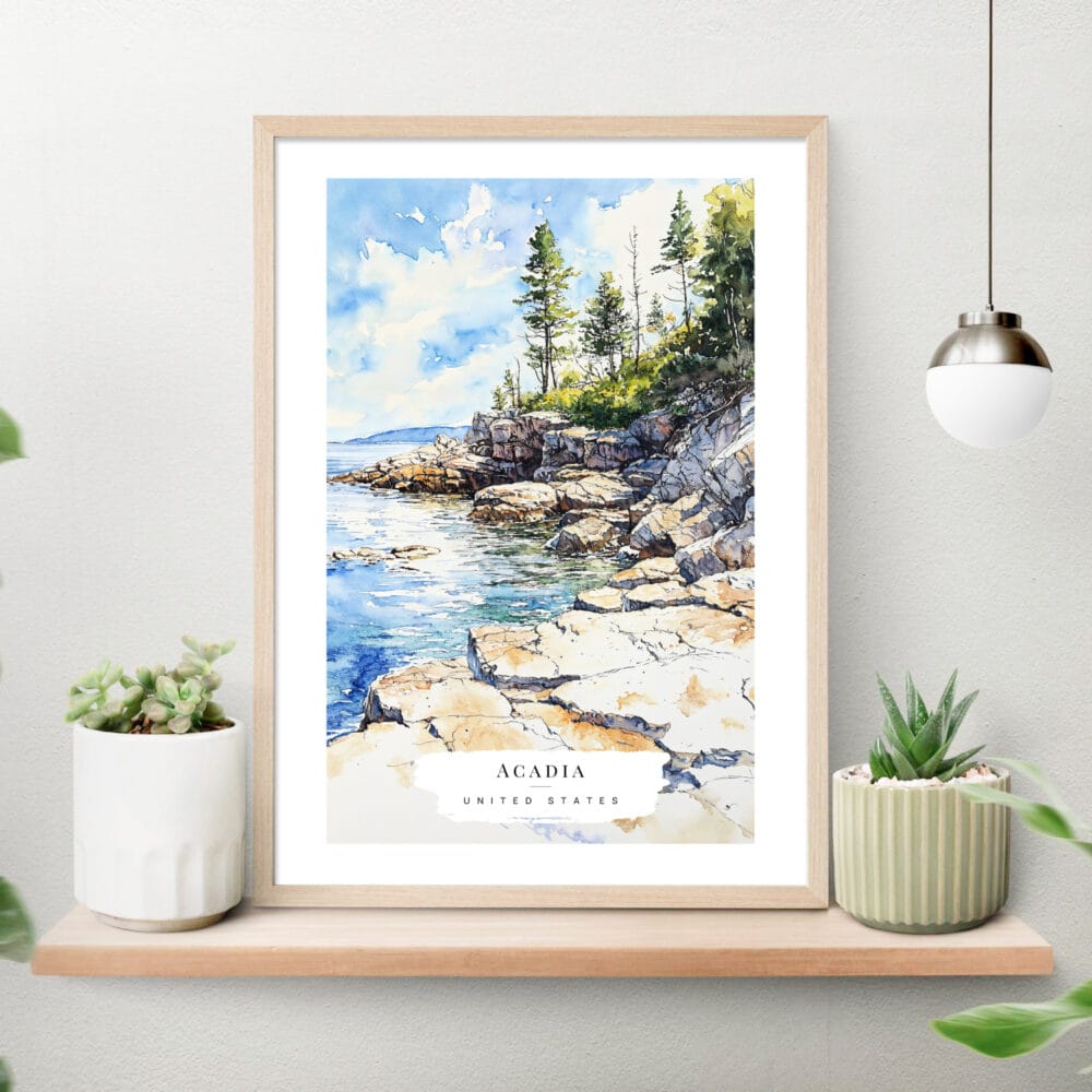 Acadia National Park Watercolor Art Print on shelf Acadia National Park Watercolor Art Print on shelf