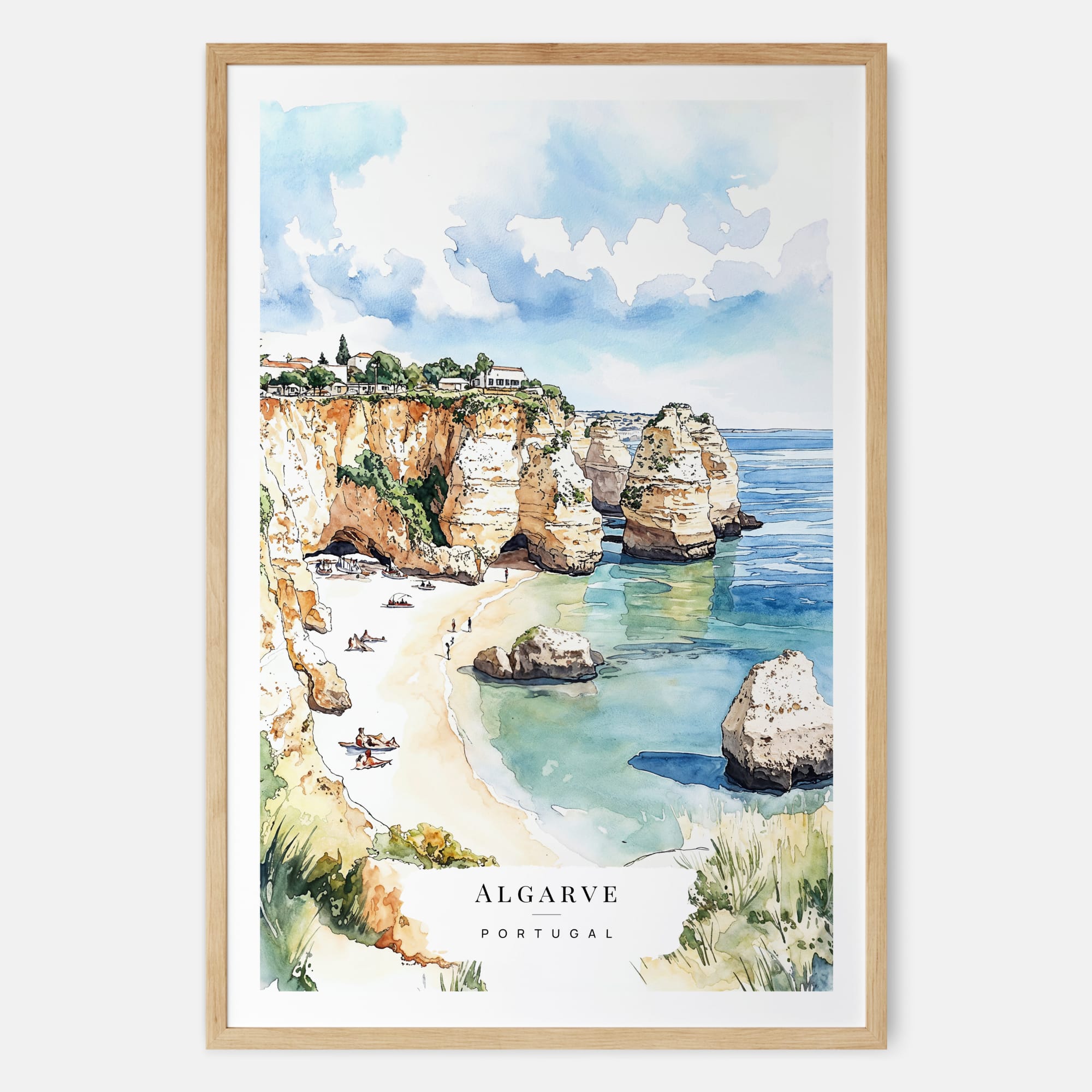 Algarve Beach Watercolor Painting – Portuguese Coastal Art Print