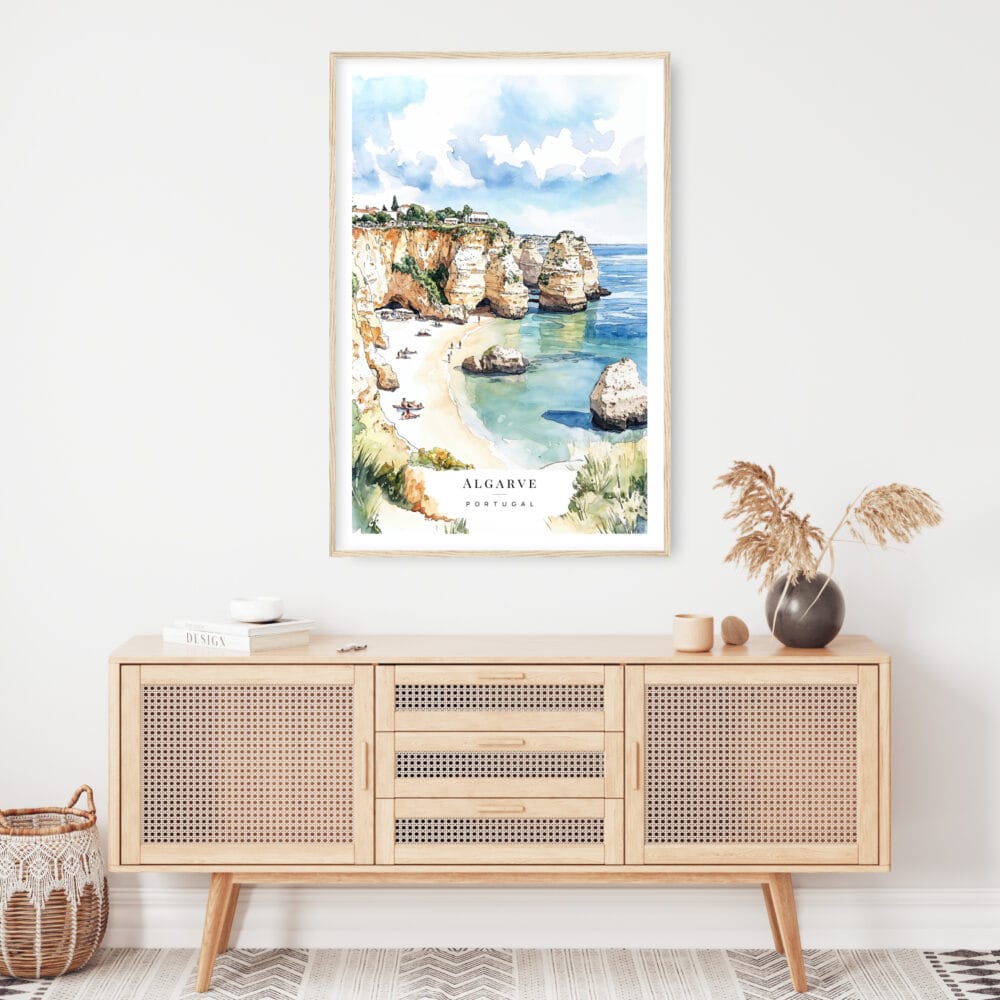 Algarve Beach Watercolor Art Print - Shelf - Portrait Algarve Beach Watercolor Art Print - Shelf - Portrait