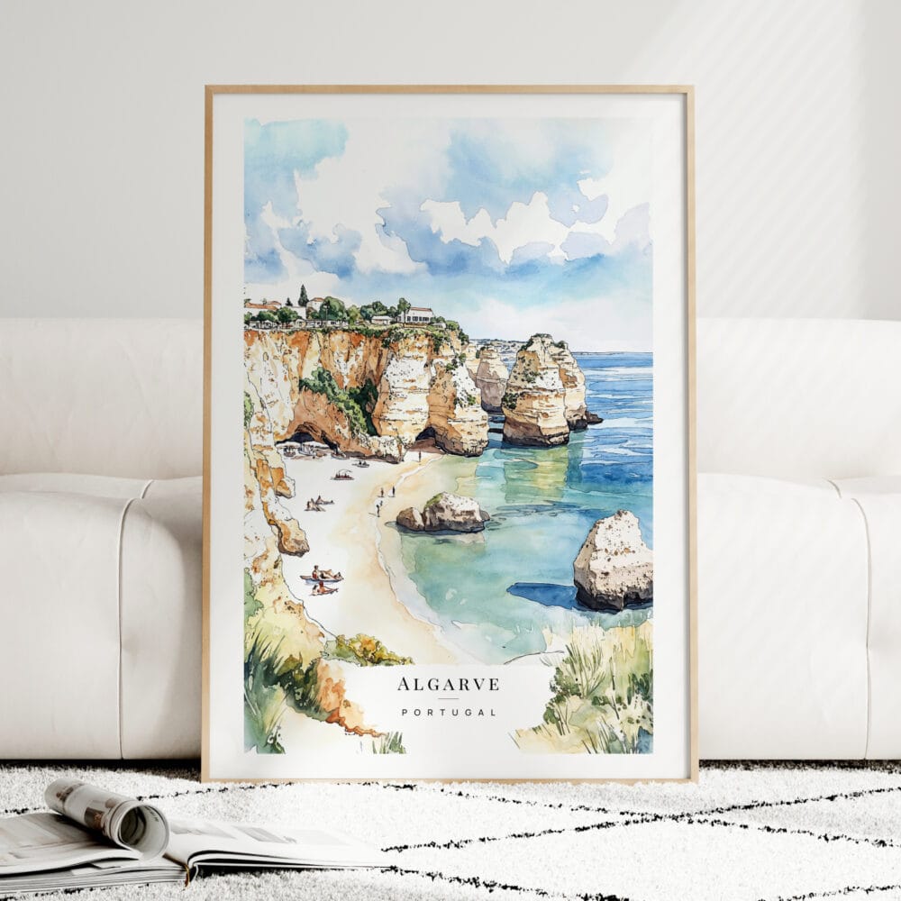 Algarve Beach Watercolor Art Print - Wood Frame standing on Floor Algarve Beach Watercolor Art Print - Wood Frame standing on Floor
