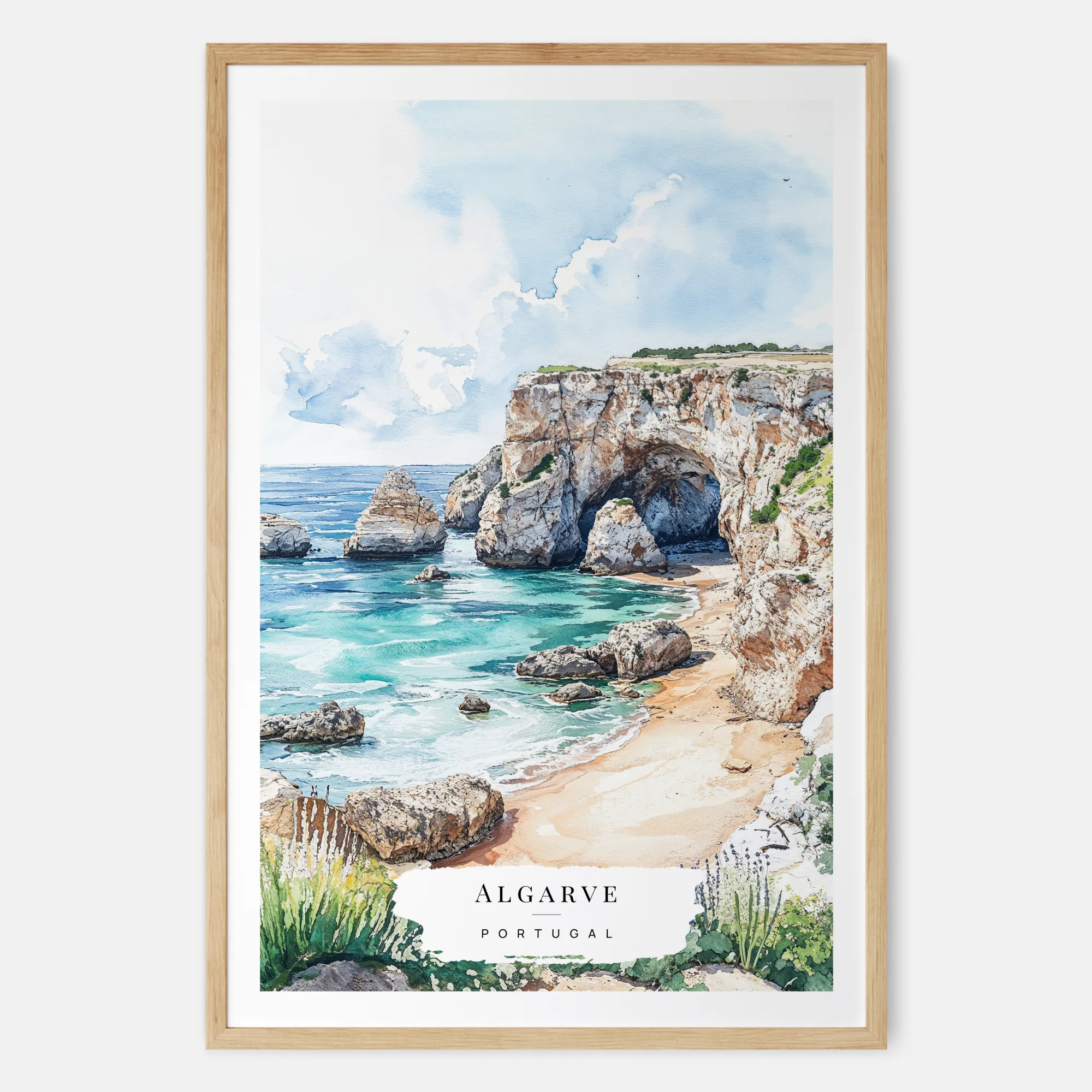 Algarve Portugal Beach Watercolor Painting - Portuguese Coastal Art Print