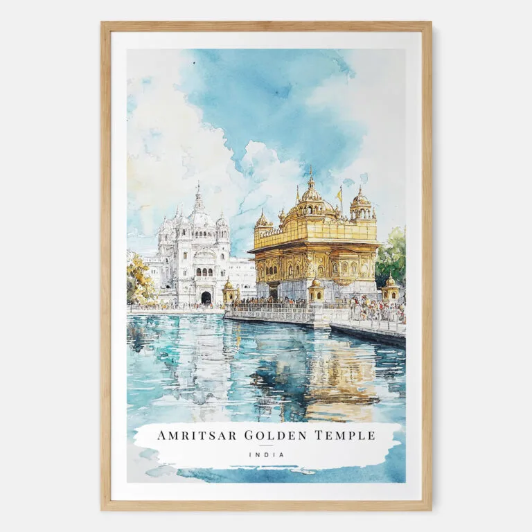 Amritsar Golden Temple Watercolor Art Print - Main - Wood Frame