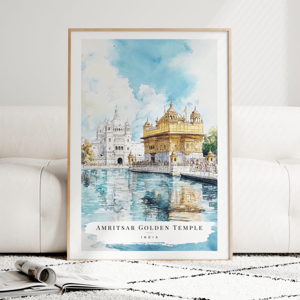 Amritsar Golden Temple Watercolor Art Print - Wood Frame standing on Floor Amritsar Golden Temple Watercolor Art Print - Wood Frame standing on Floor