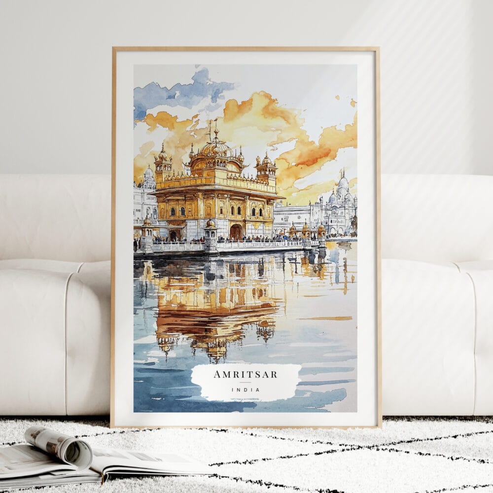 Amritsar India Watercolor Art Print - Wood Frame standing on Floor Amritsar India Watercolor Art Print - Wood Frame standing on Floor