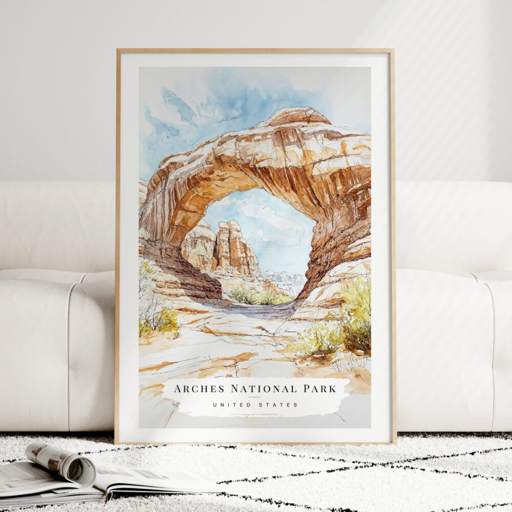 Arches National Park Watercolor Art Print - Wood Frame standing on Floor Arches National Park Watercolor Art Print - Wood Frame standing on Floor