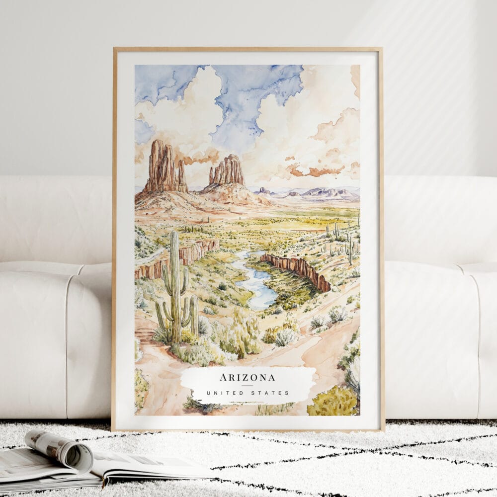 Arizona Watercolor Art Print - Wood Frame standing on Floor Arizona Watercolor Art Print - Wood Frame standing on Floor
