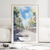 Barcelona Las Ramblas Watercolor Art Print - Wood Frame standing on Floor