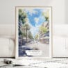 Barcelona Las Ramblas Watercolor Art Print - Wood Frame standing on Floor