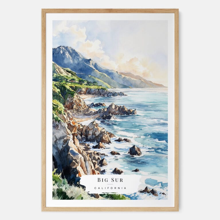 Big Sur Watercolor Art Print - Main - Wood Frame
