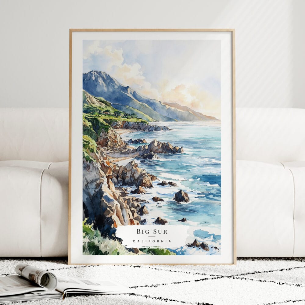 Big Sur Watercolor Art Print - Wood Frame standing on Floor Big Sur Watercolor Art Print - Wood Frame standing on Floor