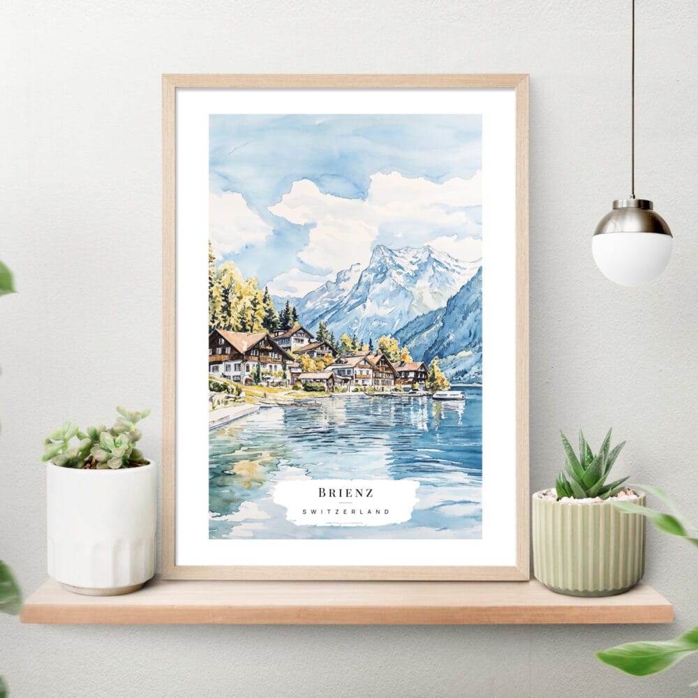 Brienz Watercolor Art Print on shelf Brienz Watercolor Art Print on shelf