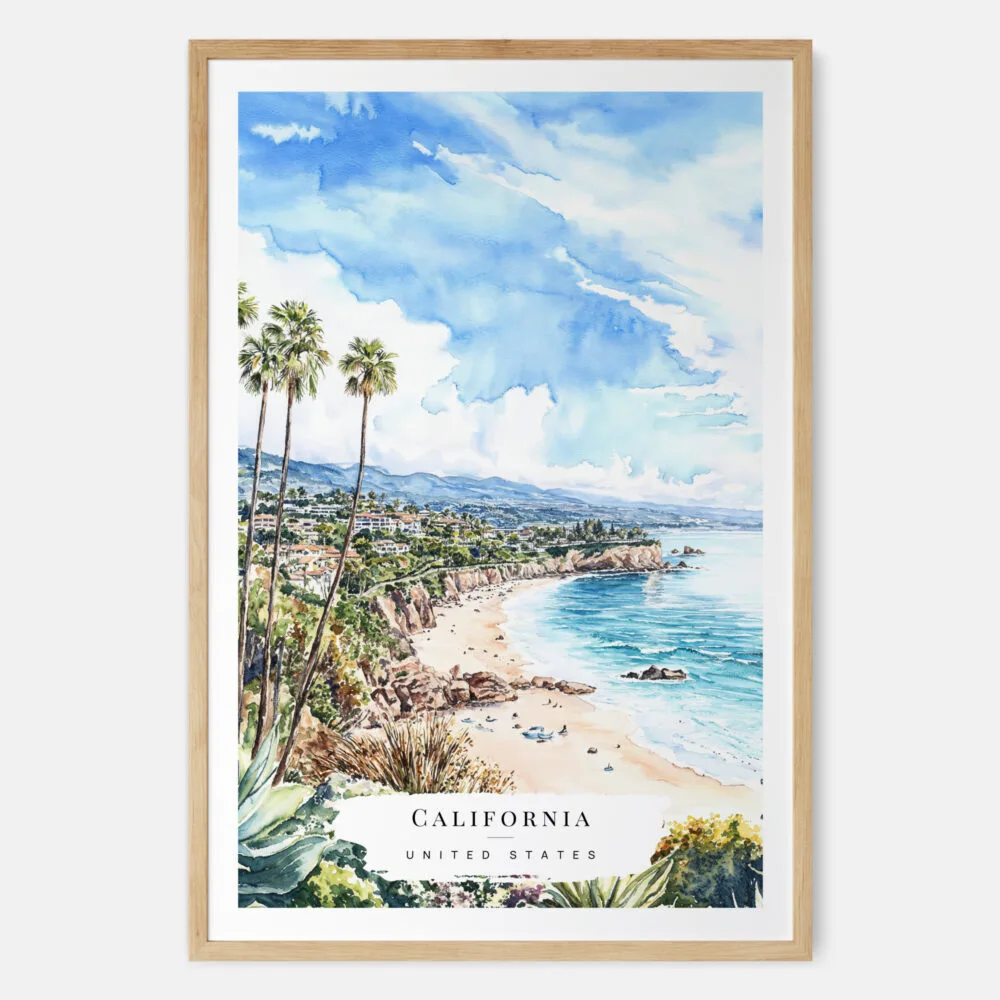 California Laguna Beach Watercolor Art Print - Main - Wood Frame California Laguna Beach Watercolor Art Print - Main - Wood Frame