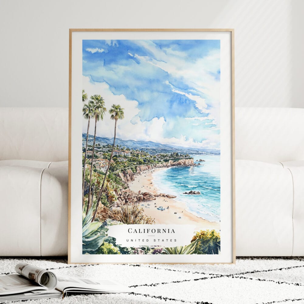 California Laguna Beach Watercolor Art Print - Wood Frame standing on Floor California Laguna Beach Watercolor Art Print - Wood Frame standing on Floor