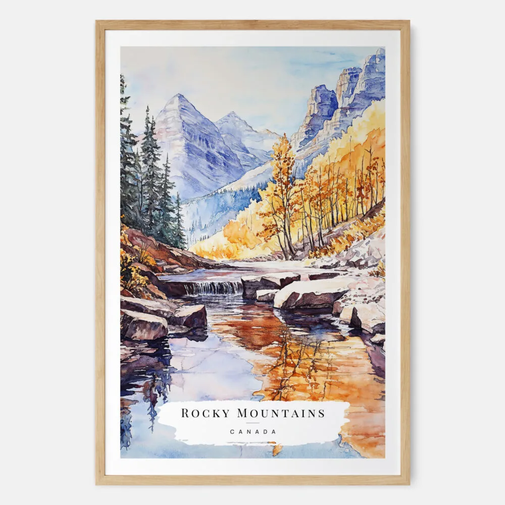 Canadian Rocky Mountains Watercolor Art Print - Main - Wood Frame Canadian Rocky Mountains Watercolor Art Print - Main - Wood Frame