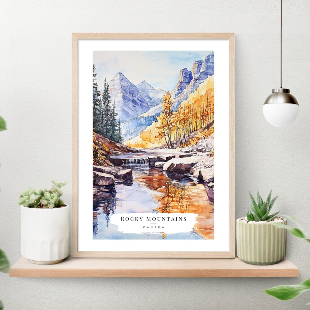 Canadian Rocky Mountains Watercolor Art Print on shelf Canadian Rocky Mountains Watercolor Art Print on shelf