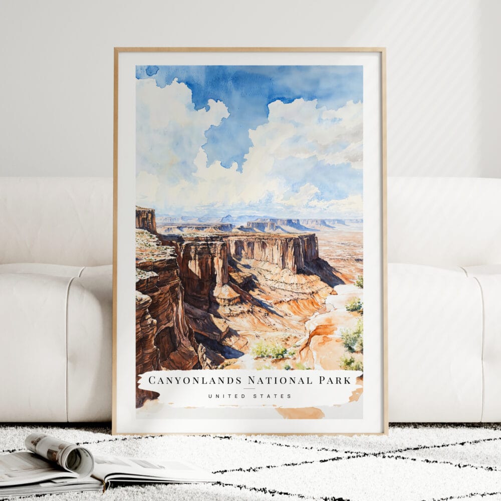 Canyonlands National Park Watercolor Art Print - Wood Frame standing on Floor Canyonlands National Park Watercolor Art Print - Wood Frame standing on Floor