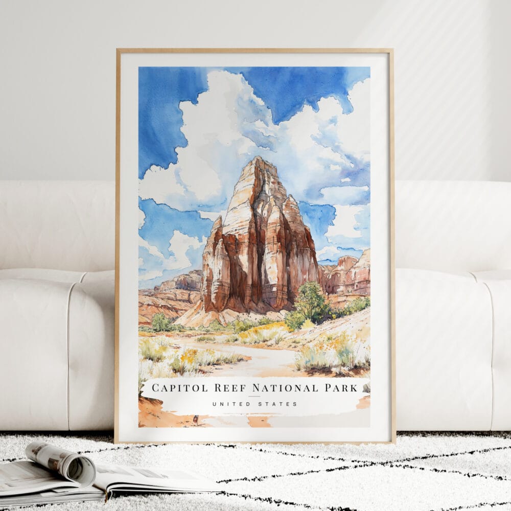 Capitol Reef National Park Watercolor Art Print - Wood Frame standing on Floor Capitol Reef National Park Watercolor Art Print - Wood Frame standing on Floor
