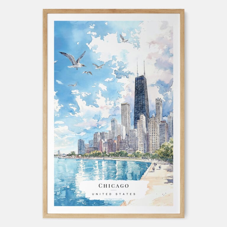 Chicago Skyline Watercolor Art Print - Main - Wood Frame