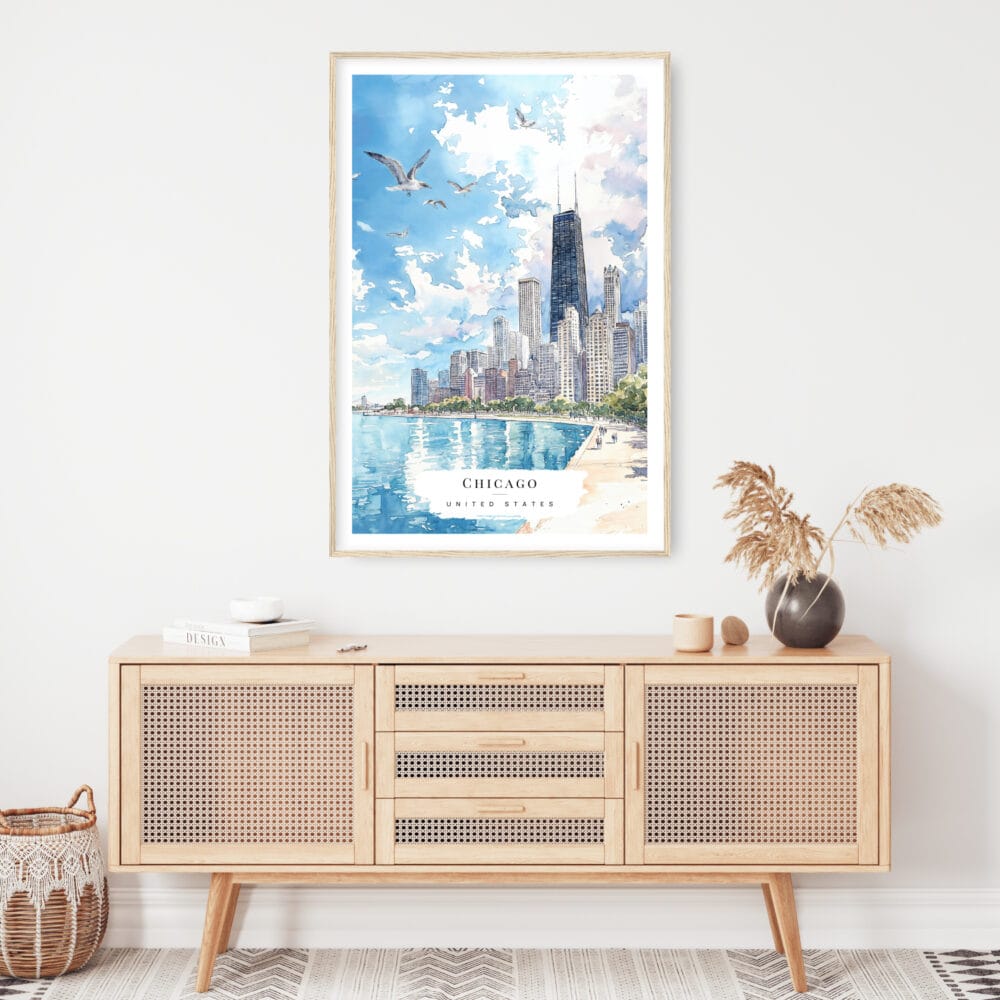 Chicago Skyline Watercolor Art Print - Shelf - Portrait Chicago Skyline Watercolor Art Print - Shelf - Portrait