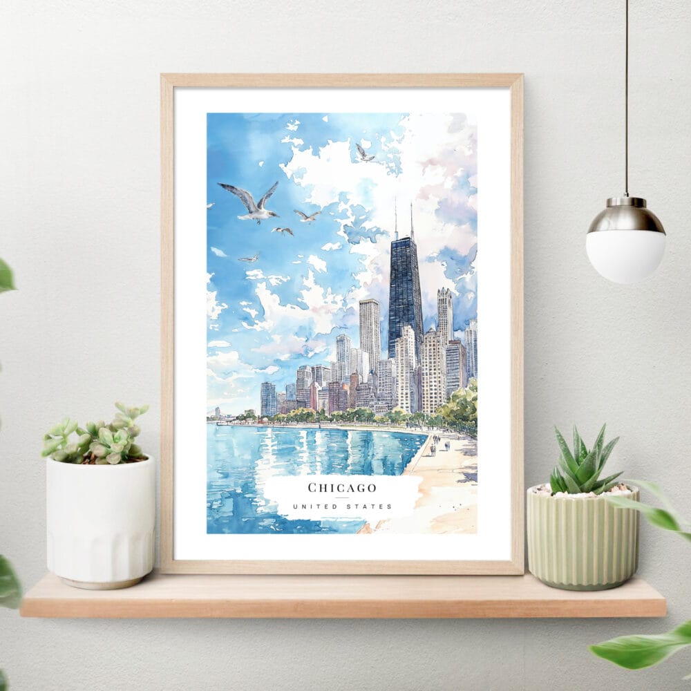 Chicago Skyline Watercolor Art Print on shelf Chicago Skyline Watercolor Art Print on shelf