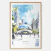 Chicago The Bean Cloud Gate Watercolor Art Print - Main - Wood Frame