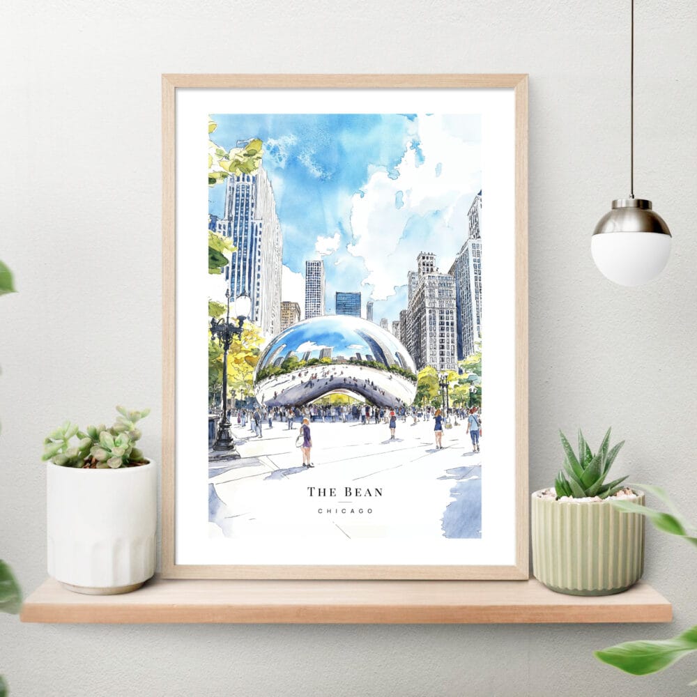 Chicago The Bean Cloud Gate Watercolor Art Print on shelf Chicago The Bean Cloud Gate Watercolor Art Print on shelf