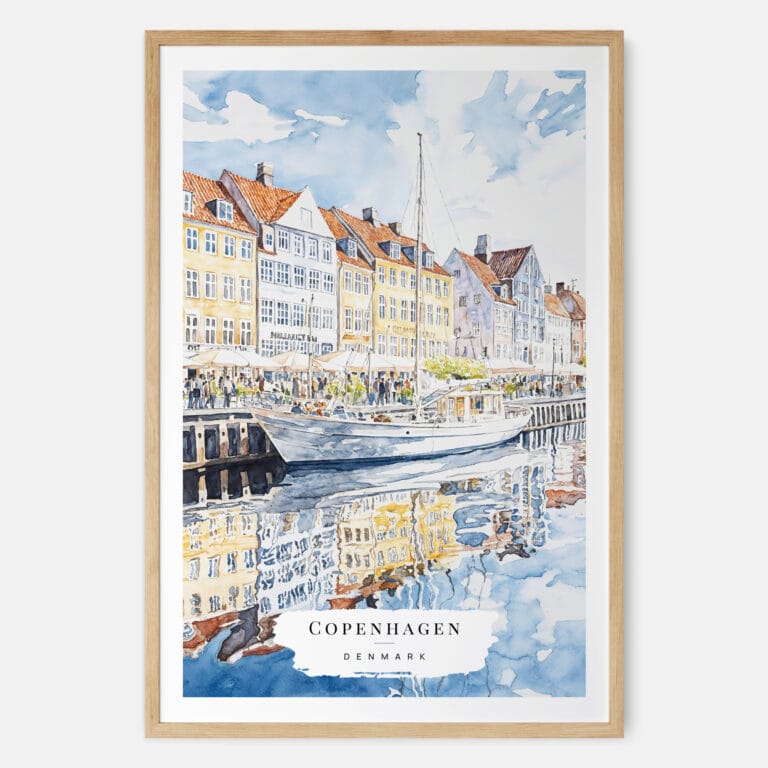 Copenhagen Denmark Watercolor Art Print - Main - Wood Frame