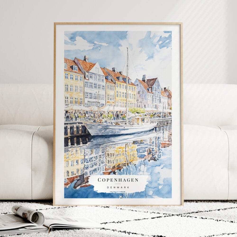 Copenhagen Denmark Watercolor Art Print - Wood Frame standing on Floor Copenhagen Denmark Watercolor Art Print - Wood Frame standing on Floor