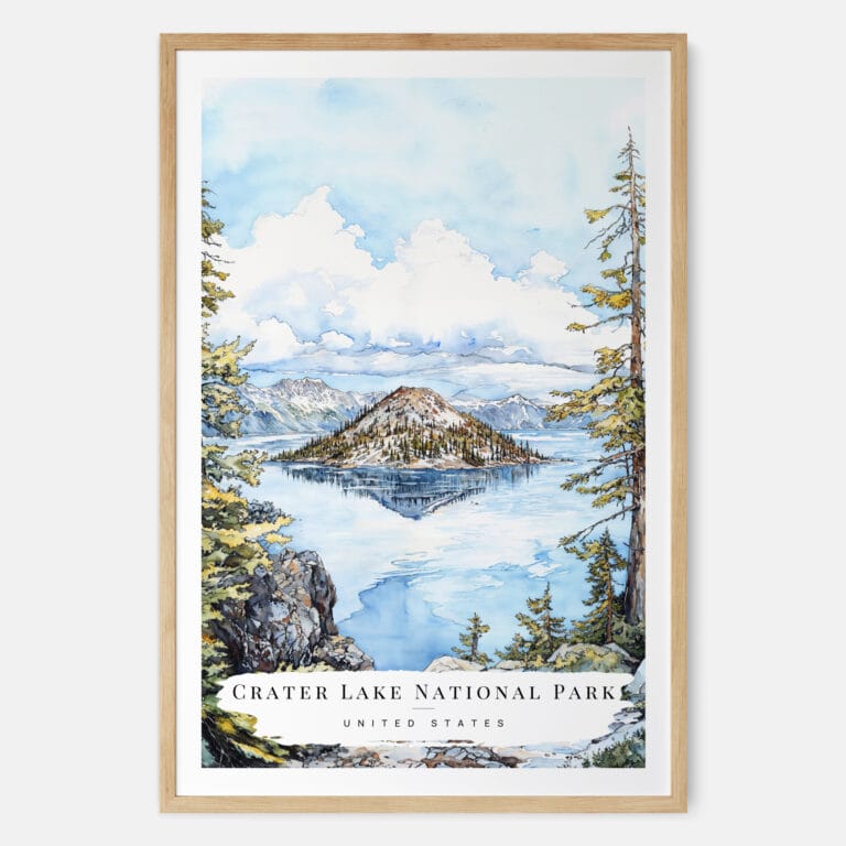 Crater Lake National Park Watercolor Art Print - Main - Wood Frame