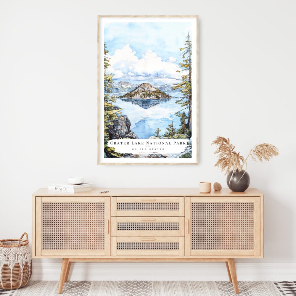 Crater Lake National Park Watercolor Art Print - Shelf - Portrait Crater Lake National Park Watercolor Art Print - Shelf - Portrait