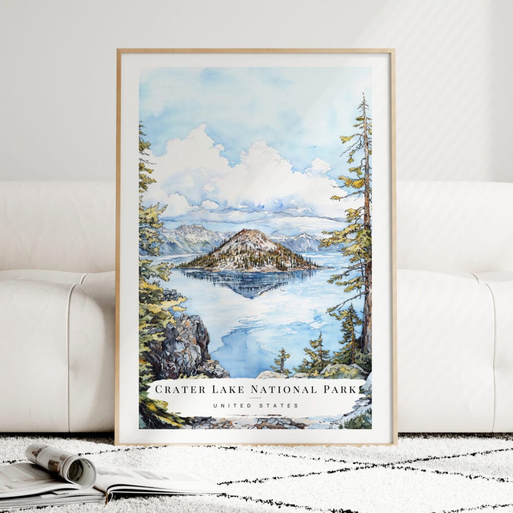 Crater Lake National Park Watercolor Art Print - Wood Frame standing on Floor Crater Lake National Park Watercolor Art Print - Wood Frame standing on Floor